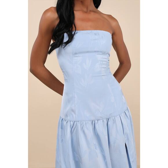 NWT Lulus Gemmi Light Blue Satin Jacquard Drop Waist Maxi Dress Cocktail Sz L - Picture 3 of 9